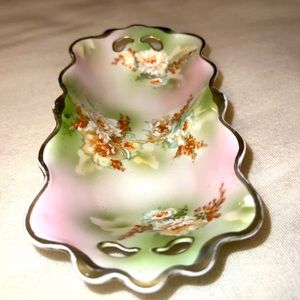 Vintage MZ Austria GreenFloral  Serving Dish  Hand Painted Jewelry dish